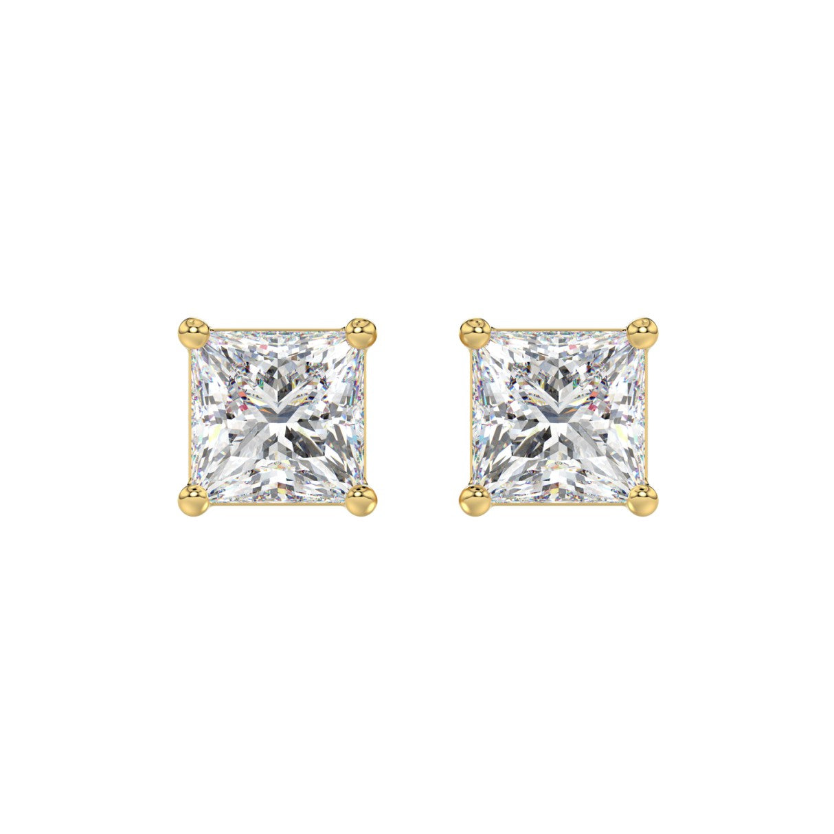 4 Carat Princess Lab Grown Diamond Stud Earrings Yellow Gold angle view