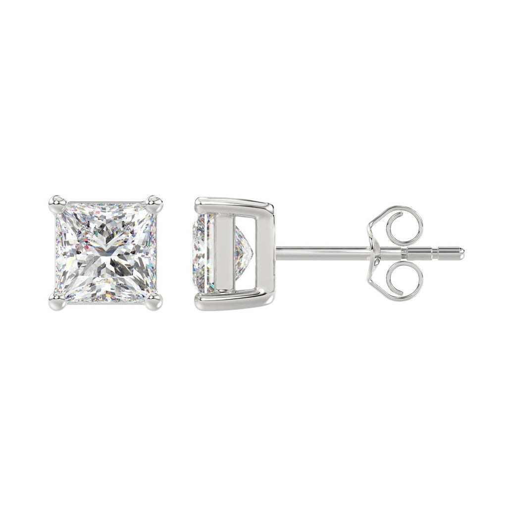 3 Carat Princess Lab Grown Diamond Stud Earrings White Gold angle view