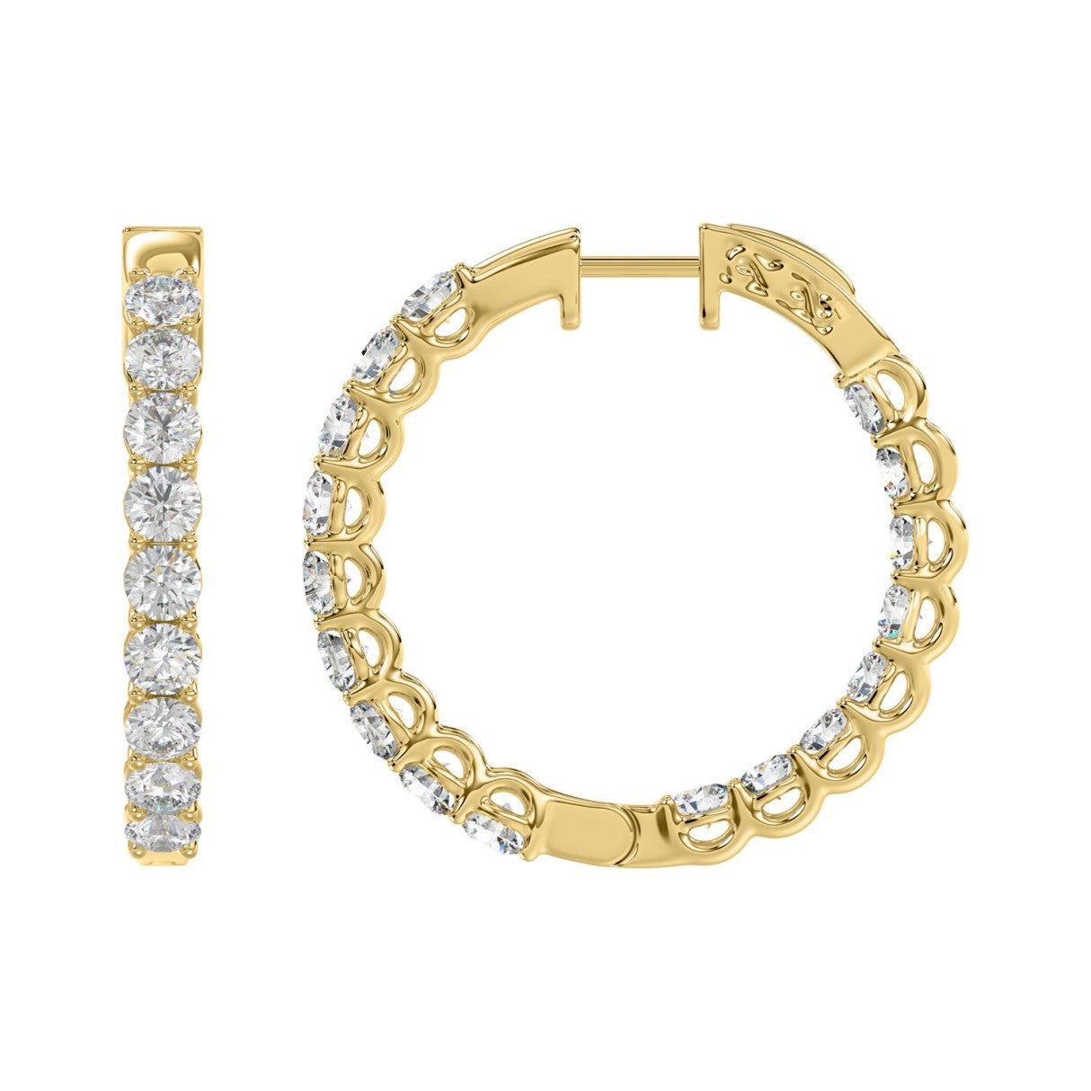 5 Carat Inside-Out Round Lab Grown Diamond Hoop Earrings Yellow Gold angle view
