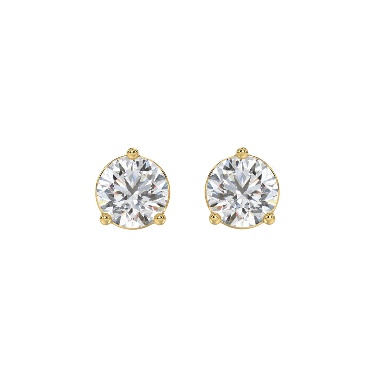 3 Carat Round Brilliant Lab Grown Diamond Stud Earrings Yellow Gold angle view