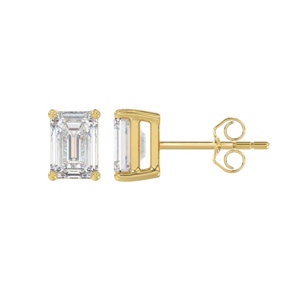 2 Carat Emerald Cut Lab Grown Diamond Stud Earrings Yellow Gold down view