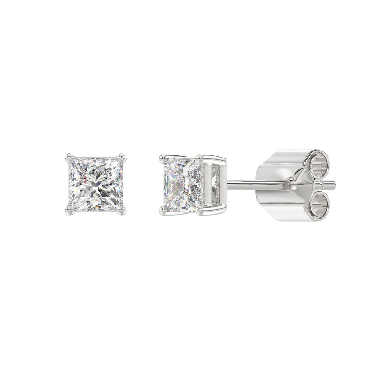 1 Carat Princess Lab Grown Diamond Stud Earrings White Gold down view