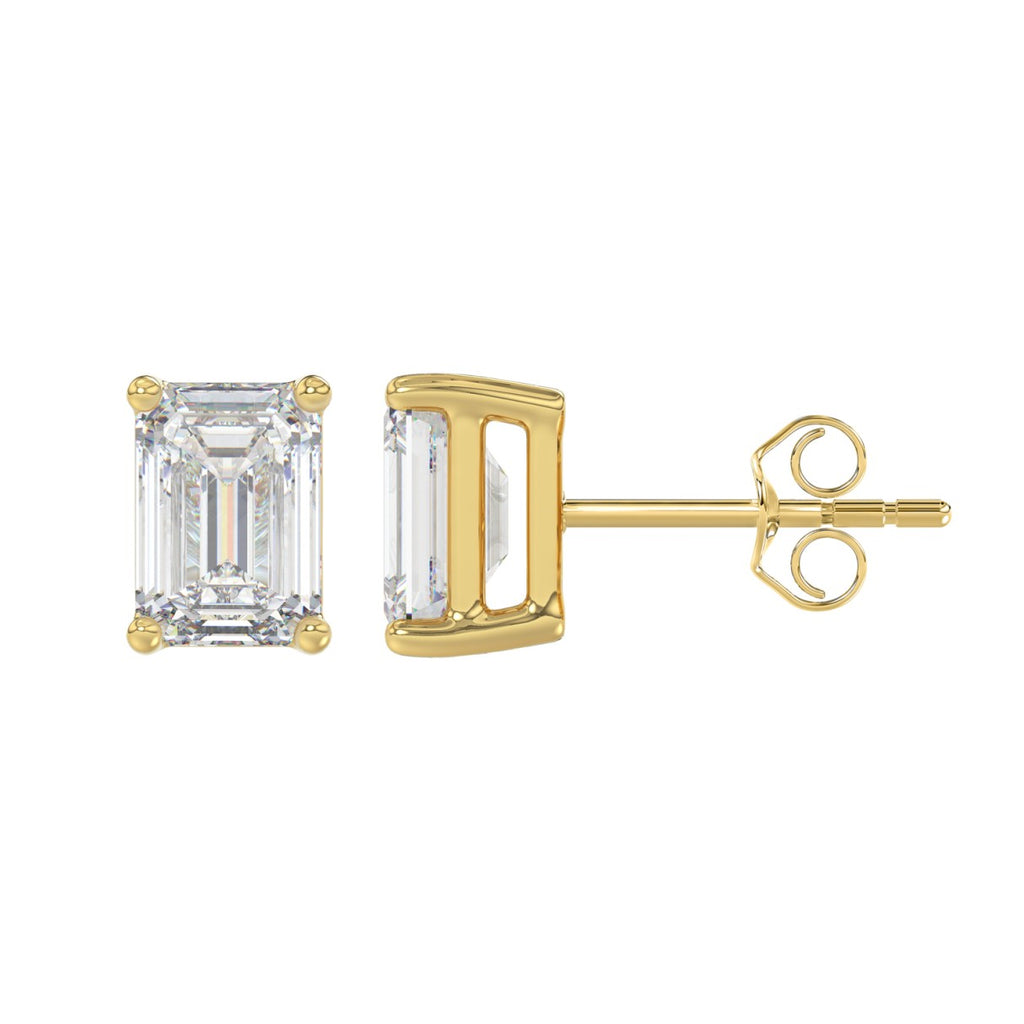 3 Carat Emerald Cut Lab Grown Diamond Stud Earrings Yellow Gold down view
