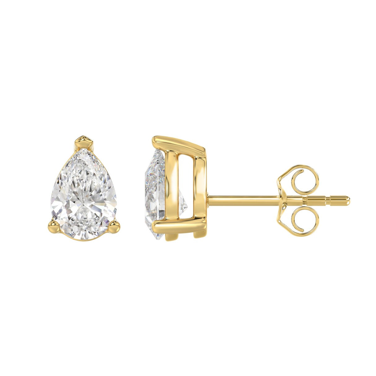 2.5 Carat Pear Lab Grown Diamond Stud Earrings Yellow Gold down view