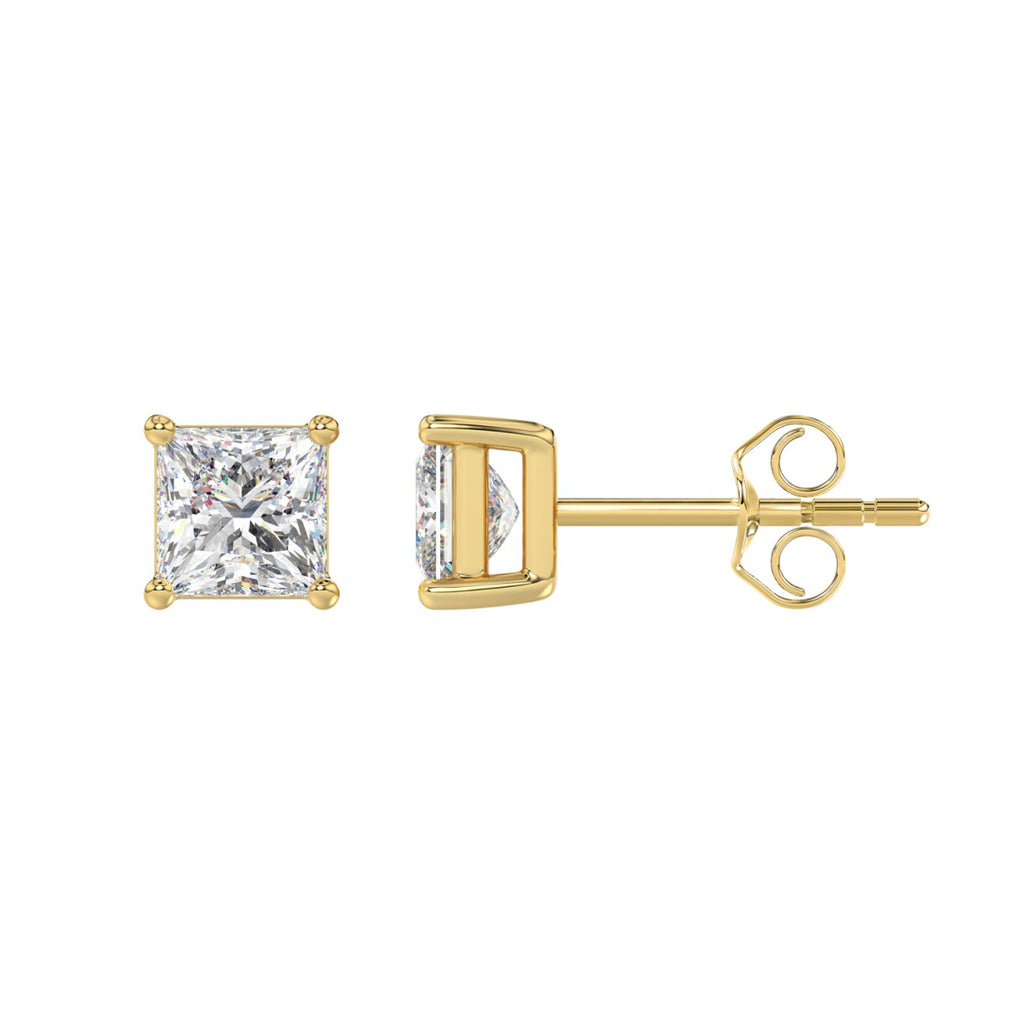 2 Carat Princess Lab Grown Diamond Stud Earrings Yellow Gold down view