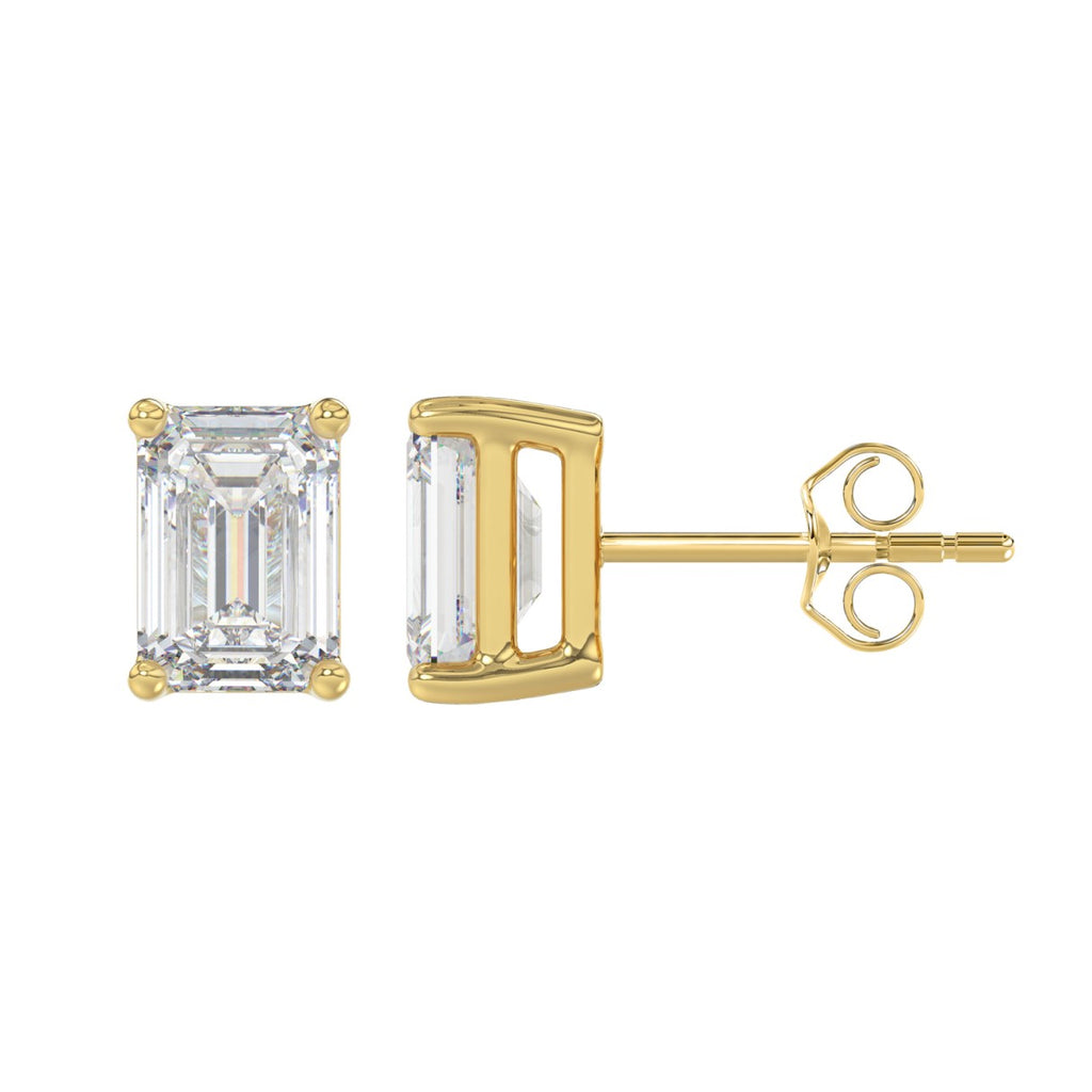 4 Carat Emerald Cut Lab Grown Diamond Stud Earrings Yellow Gold down view
