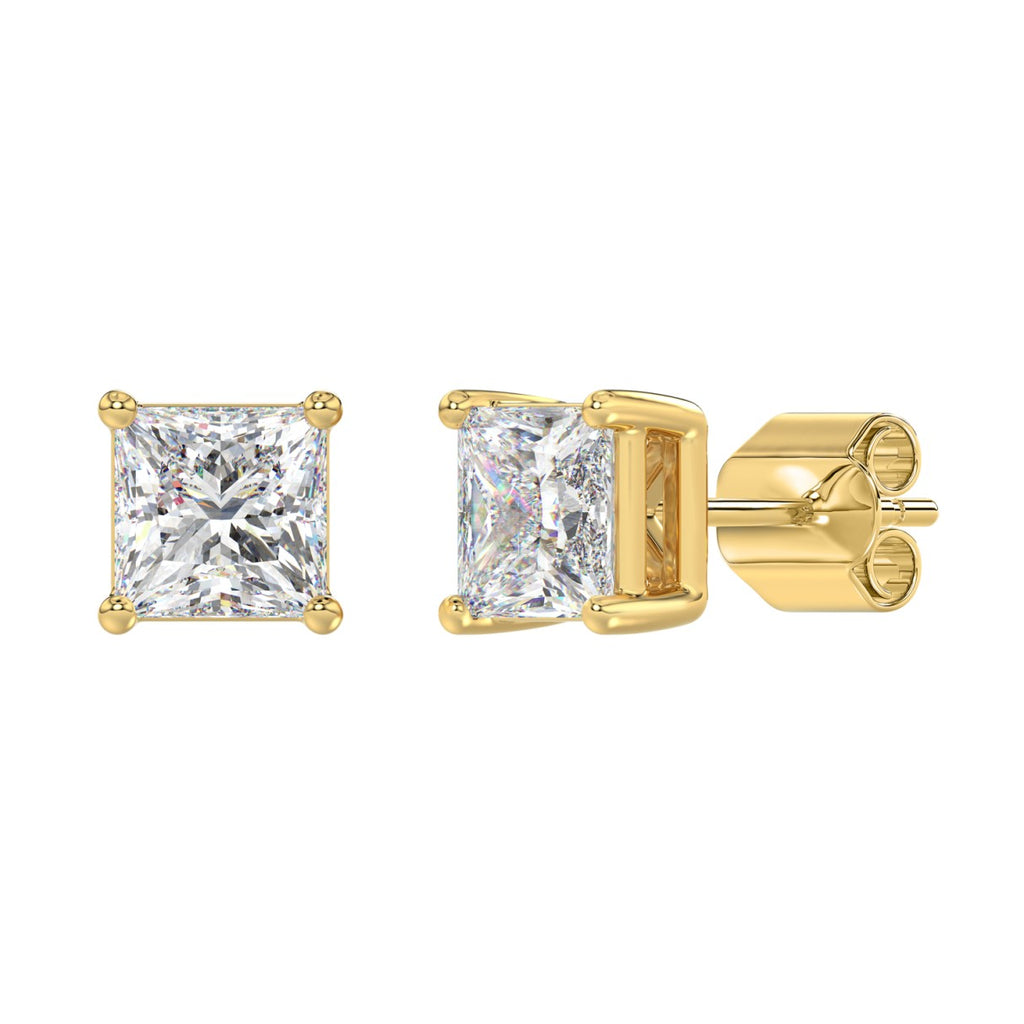 4 Carat Princess Lab Grown Diamond Stud Earrings Yellow Gold flat view