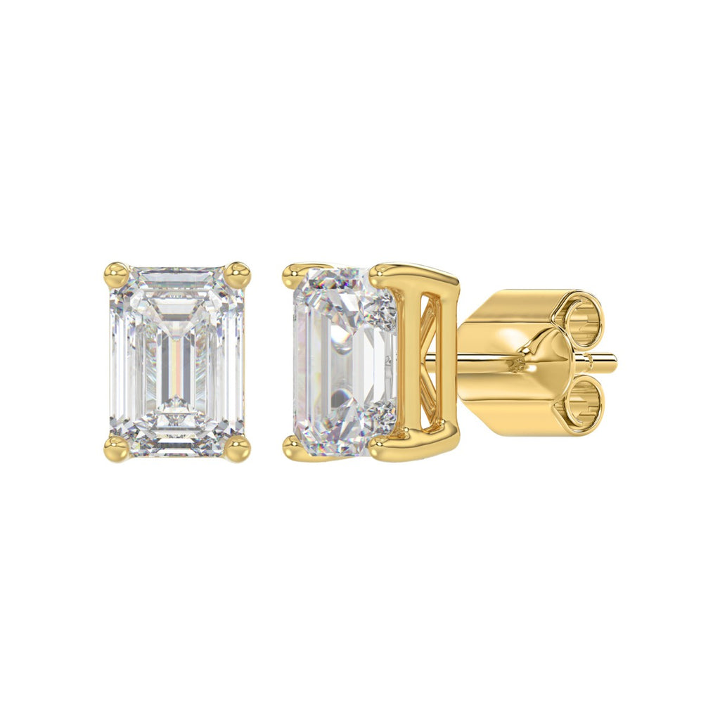 3 Carat Emerald Cut Lab Grown Diamond Stud Earrings Yellow Gold flat view